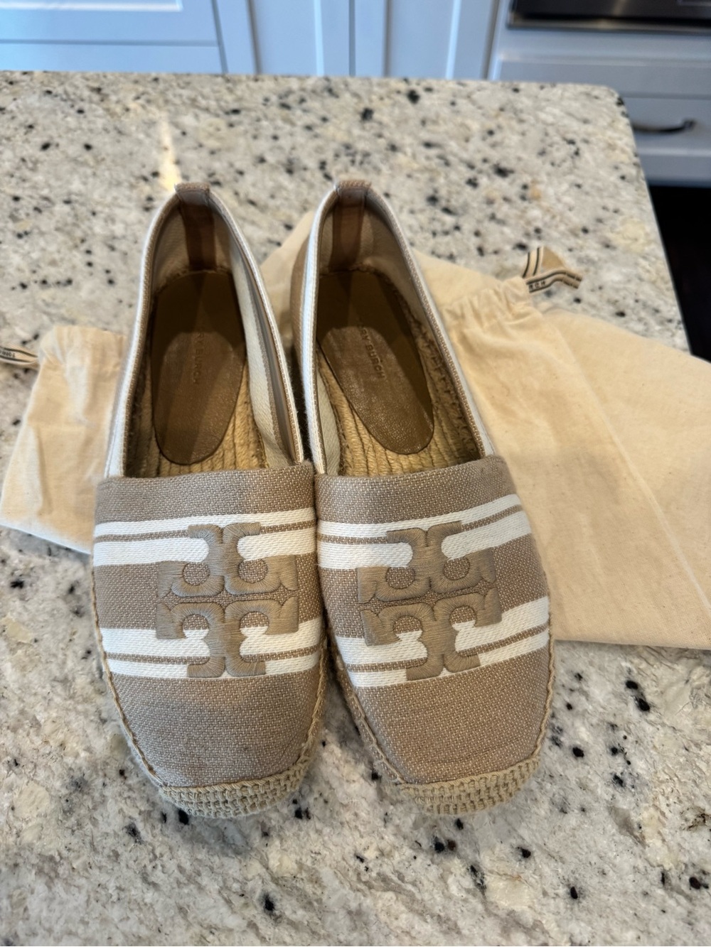 Tory Burch Tan and White Canvas Espadrille Loafers with Logo